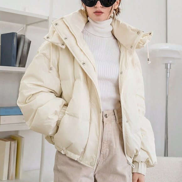 Beige Casual Womens Drawstring Hooded Puffer Coat - Picture 4 of 5